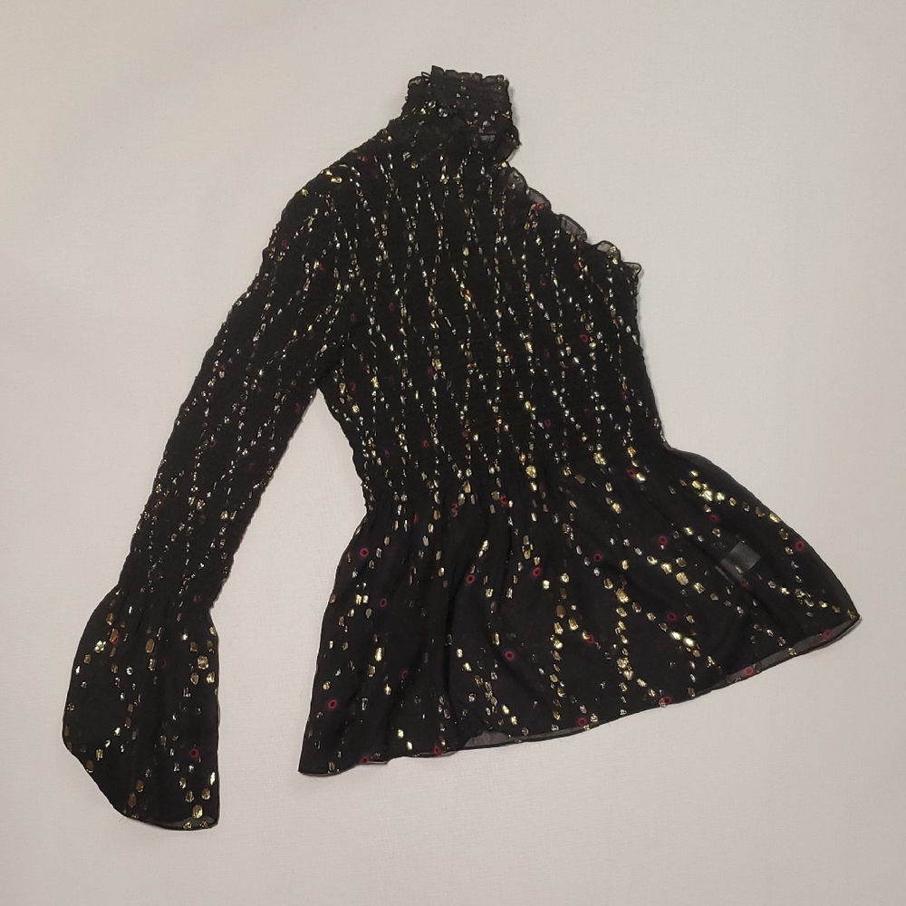 A.L.C. Silk Sheer Black Blouse - Gold Accents - Single Sleeve Off Shoulder Sz 0